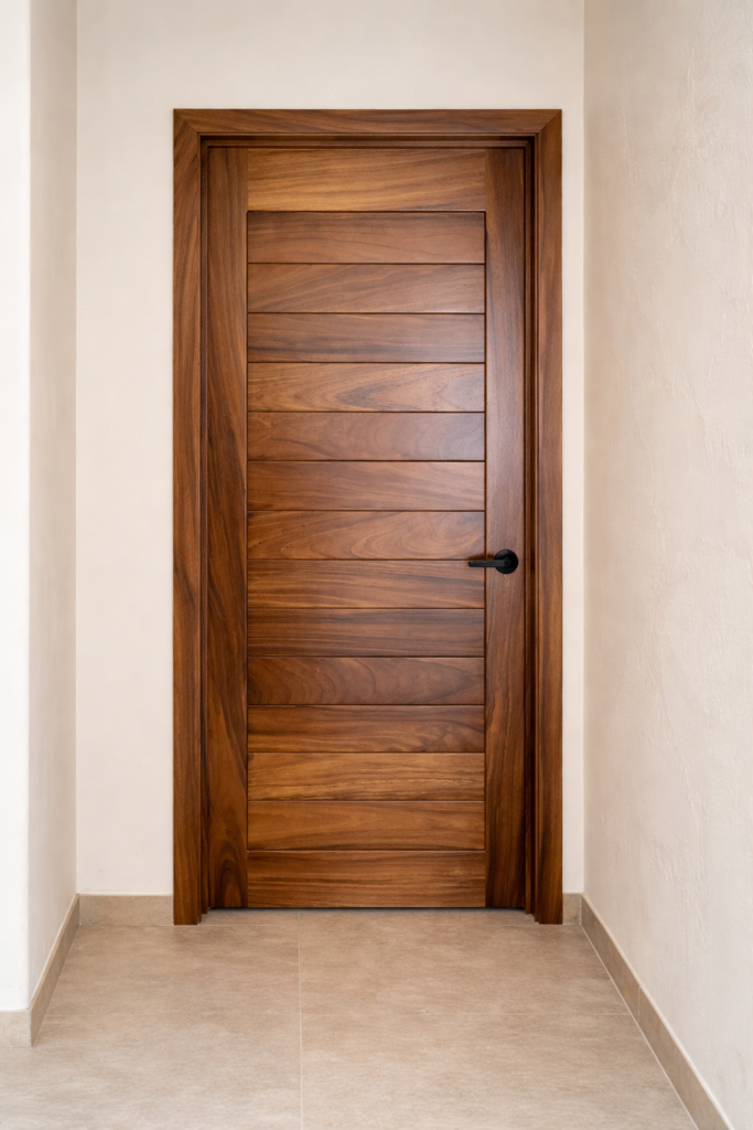 Puerta exterior de madera sólida a medida fabricada en Guadalajara por Madetza