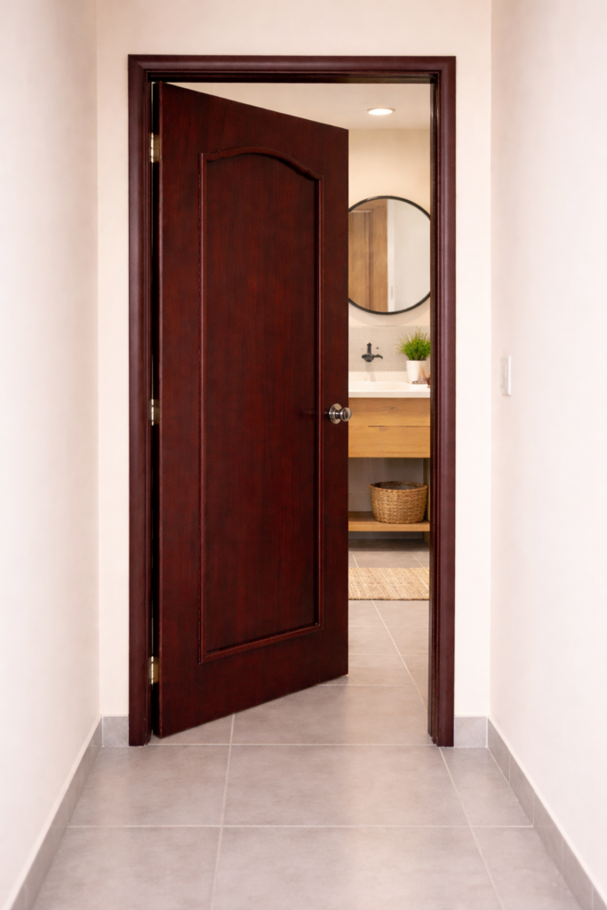 Puerta exterior de madera sólida a medida fabricada en Guadalajara por Madetza